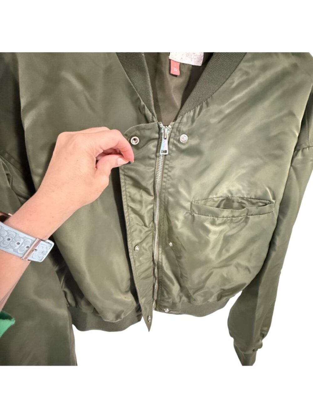 Anthro Pilcro Cropped Bomber Jacket in Moss Satin Size L - Picture 3 of 9